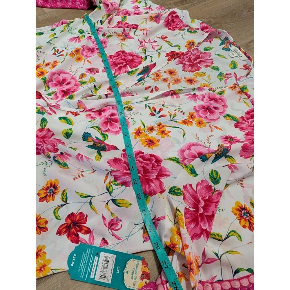 Pioneer Woman Pink Flounce Sleeve Topper Chinoserie Birds Boho Kimono L/XL NWT - Picture 8 of 15